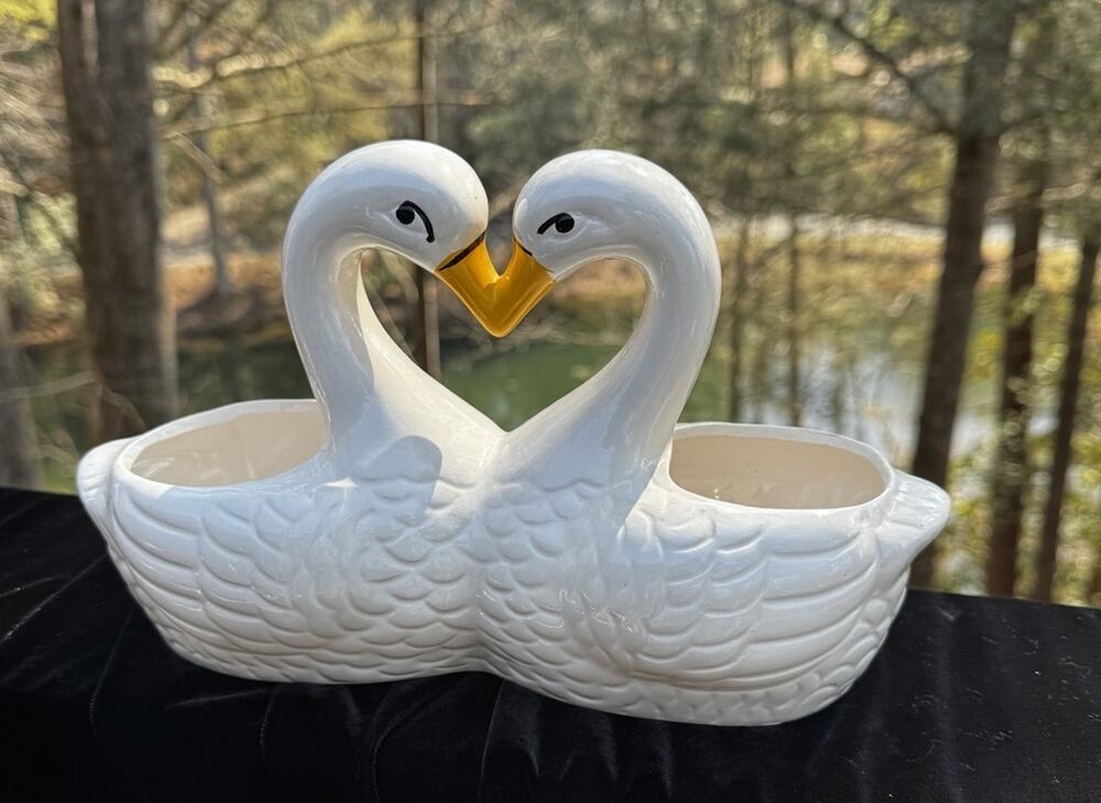 White Ceramic "Kissing Swans" Double Planter - for small plants, Succulents A21
